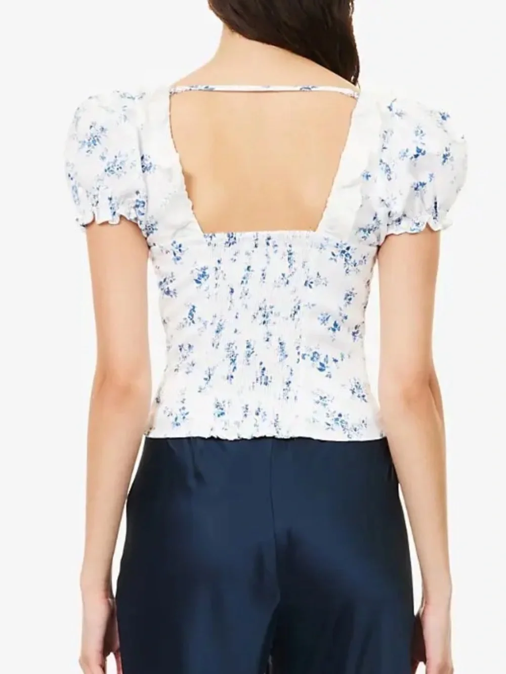Reformation Alice White Puff Sleeve Top in Orlaya - Blue Floral Print